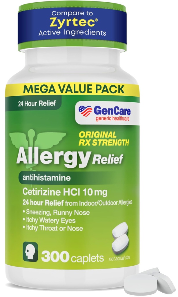 GenCare - Cetirizine HCL 10 mg (300 Caplets) - 24 Hour Allergy Relief Pillen - Non Drowsy Generic OTC Allergy Medication - Antihistamine Medicine for Sneezing, Runny Nose & Itchy Eyes - Generische Zyrtc