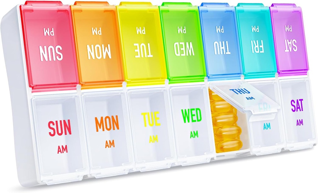 ZIKEE Regenbogen Weekly Pill Organizer 2 Mal pro Tag für einfaches Tracking, AM PM Pillen Fall, Große 7 Tage Pillen Box zweimal pro Tag, BPA-freie Medikamentenorganisator für Pillen, Vitamine, Fischöle, Nahrungsergänzungen