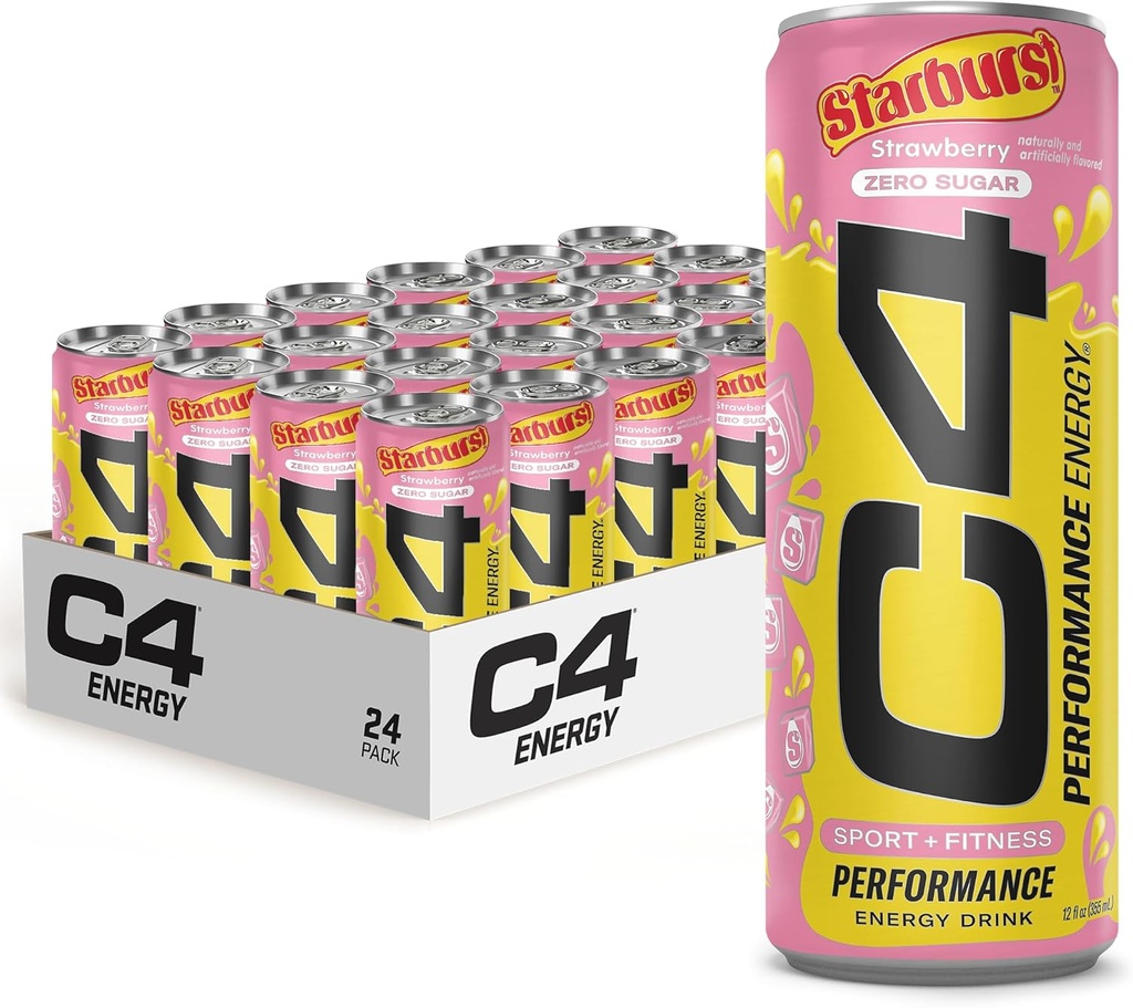 Cellucor C4 Performance Energy Drink | STARBURST Erdbeere | Zero Sugar Carbonated Preworkout Energy | 200mg Koffein mit Beta Alanine | 12 Fl Oz (24 Pack)