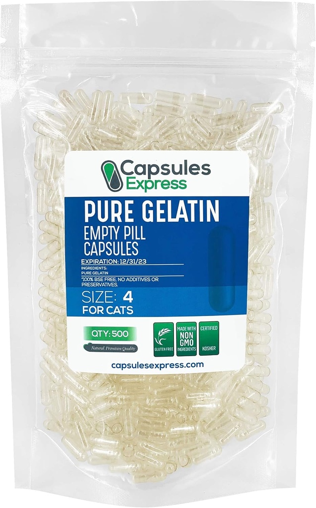XPRS Nutra Größe 4 Leere Kapseln für Katzen - Klare leere Gelatine Kapseln - Pillen für DIY Kapsel Füllung - Fillable Pure Bovine Pille Gel Caps (500 Count)