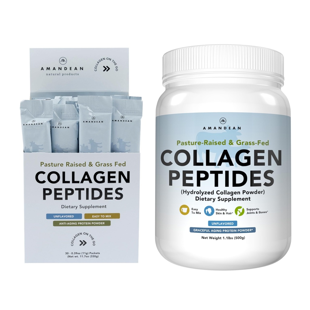 AMANDEAN Collagen Peptide Bundle. 1kg & Stick Packs. Grass-Fed, Enzymatisch hydrolysiert, Typ 1 & 3. Protein mit 18 Aminosäuren für gesunde Haut, Haar, Nägel. Einfach zu mischen, entflammt, Non-GMO