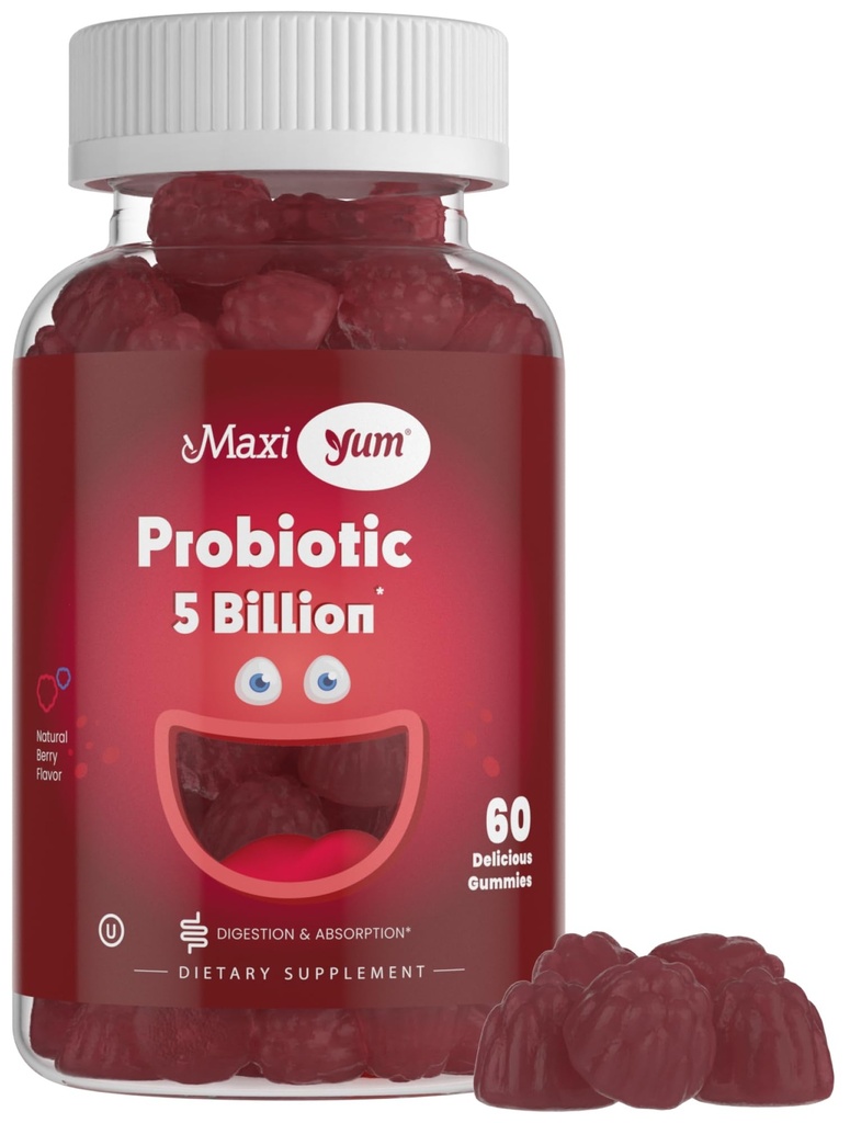 Maxi Health Yum, Probiotic Gummies mit 5 Billion CFUs of Digestive Health Probiotics, Kosher Certified Natural Berry Flavor Gut Health Kaubare Gummy Ergänzungen für Männer & Frauen, 60 Gummis