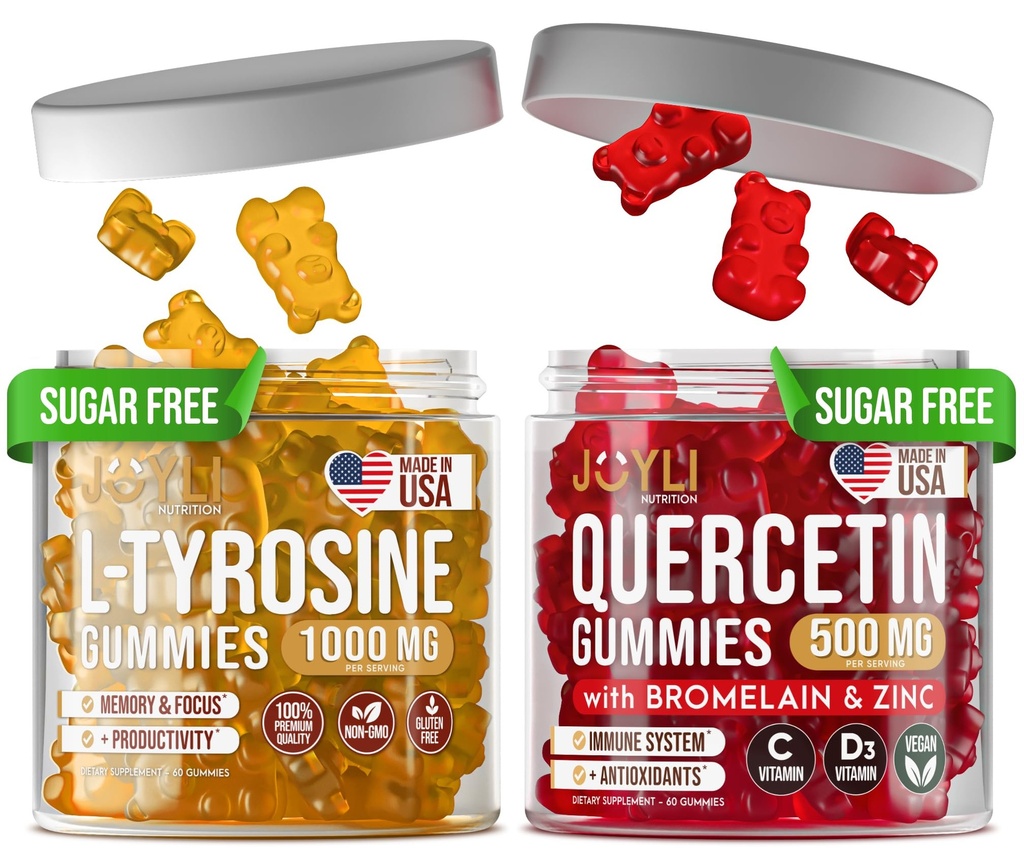 L-Tyrosine Gummies + Quercetin Gummies - L Tyrosin-Ergänzung, Quercetin mit Vitamin C - Fokusgummis und Immunstützgummis - 60 L-Tyrosin für Kindergummis, 60 Quercetin mit Zinkgummis