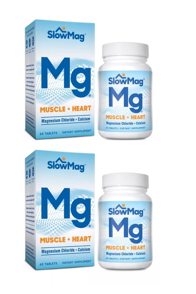 SlowMag Mg Muskel + Herz, unterstützt Muskelentspannung und Herzgesundheit. Magnesium Chloride + Calcium, Slow-Release-Tabletten, leicht zu absorbieren und auf den Stomach. 60 Zähler (Pack von 2)