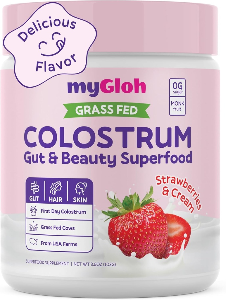 Colostrum Powder Premium | Gut Gesundheit & Bloating, Haarwachstum & Haut Glow, Immunität | Natürliche Aromen Erdbeeren & Creme | Grass-Fed Bovine Colostrum Supplement | Hohe IgG, Glutenfrei, Bioactives