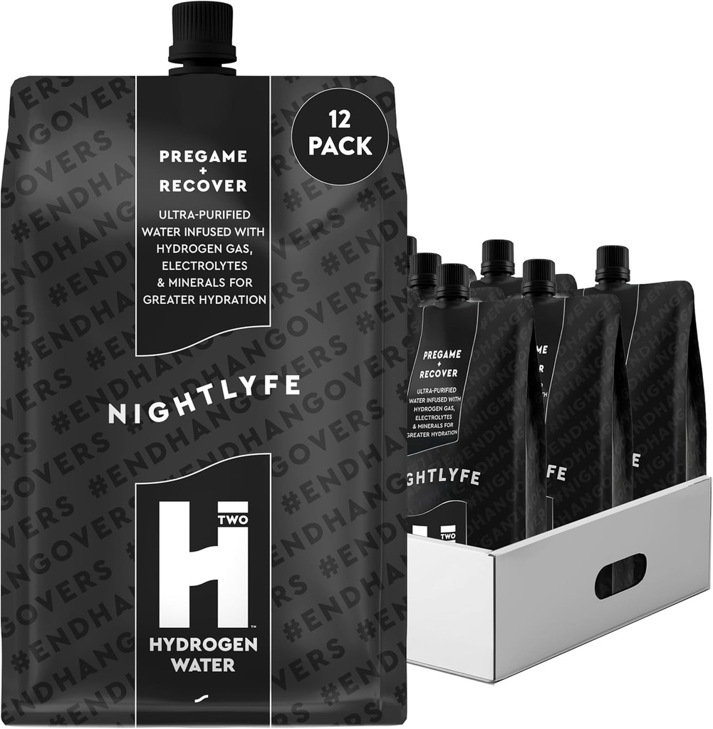 HTWO Nightlyfe Erholung, 16.9oz Premium-Hydrogen Infused Wasser mit Elektrolyten, Vitaminen und Mineralien, 12-Pack, Funktionelle Hydration-Packets für Erholung & Mental Clarity, Sugar Free