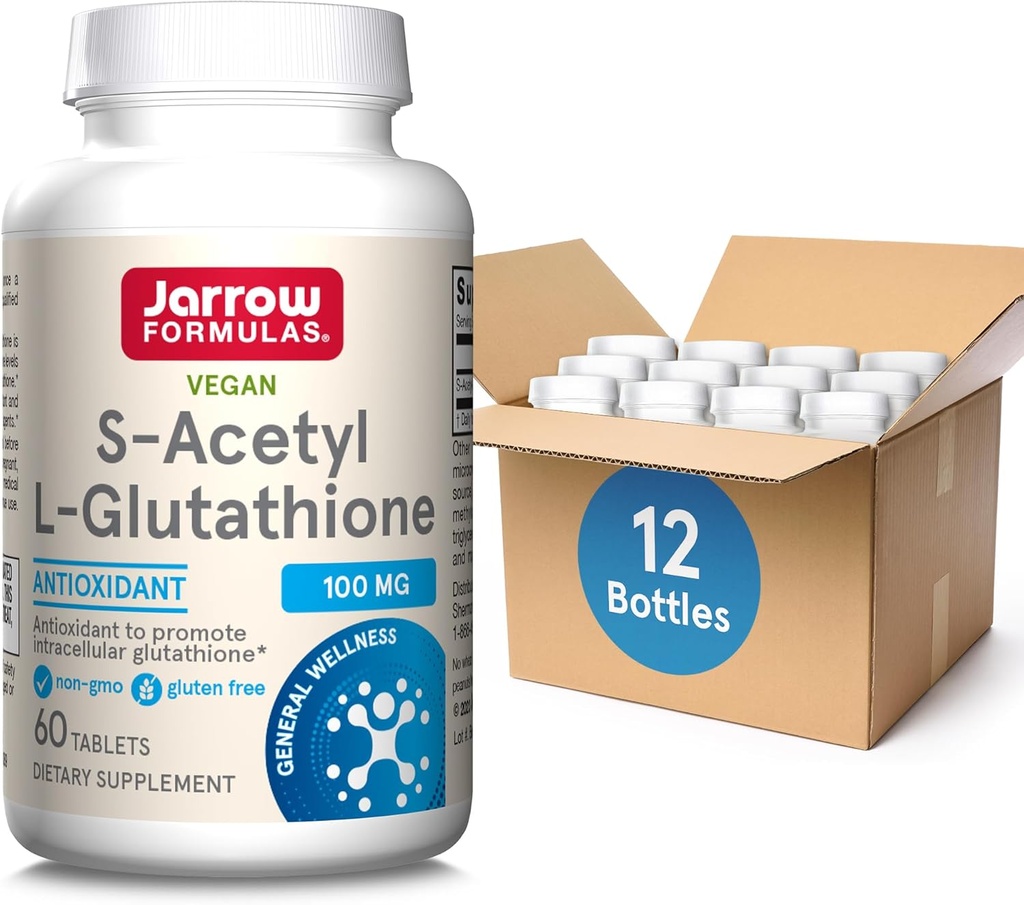 Jarrow Formeln S-Acetyl L-Glutathione Tabletten - 100 mg - 60 Count - Nahrungsergänzungsmittel - Stabile Form von L-Glutathione - für Antioxidantienunterstützung und Entgiftung - Non-GMO - Glutenfrei, Packung von 12