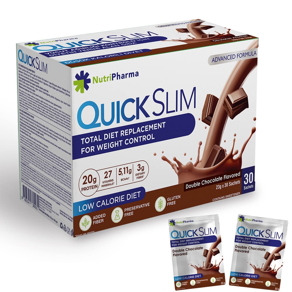 Quick Slim Meal Ersatz Shake für Weight Loss, 30 Portionen, 20g Protein, 27 Vitamine & Minerals, Diätfaser, Low Carb, Glutenfrei (Doppelschokolade, 30 Sachets)
