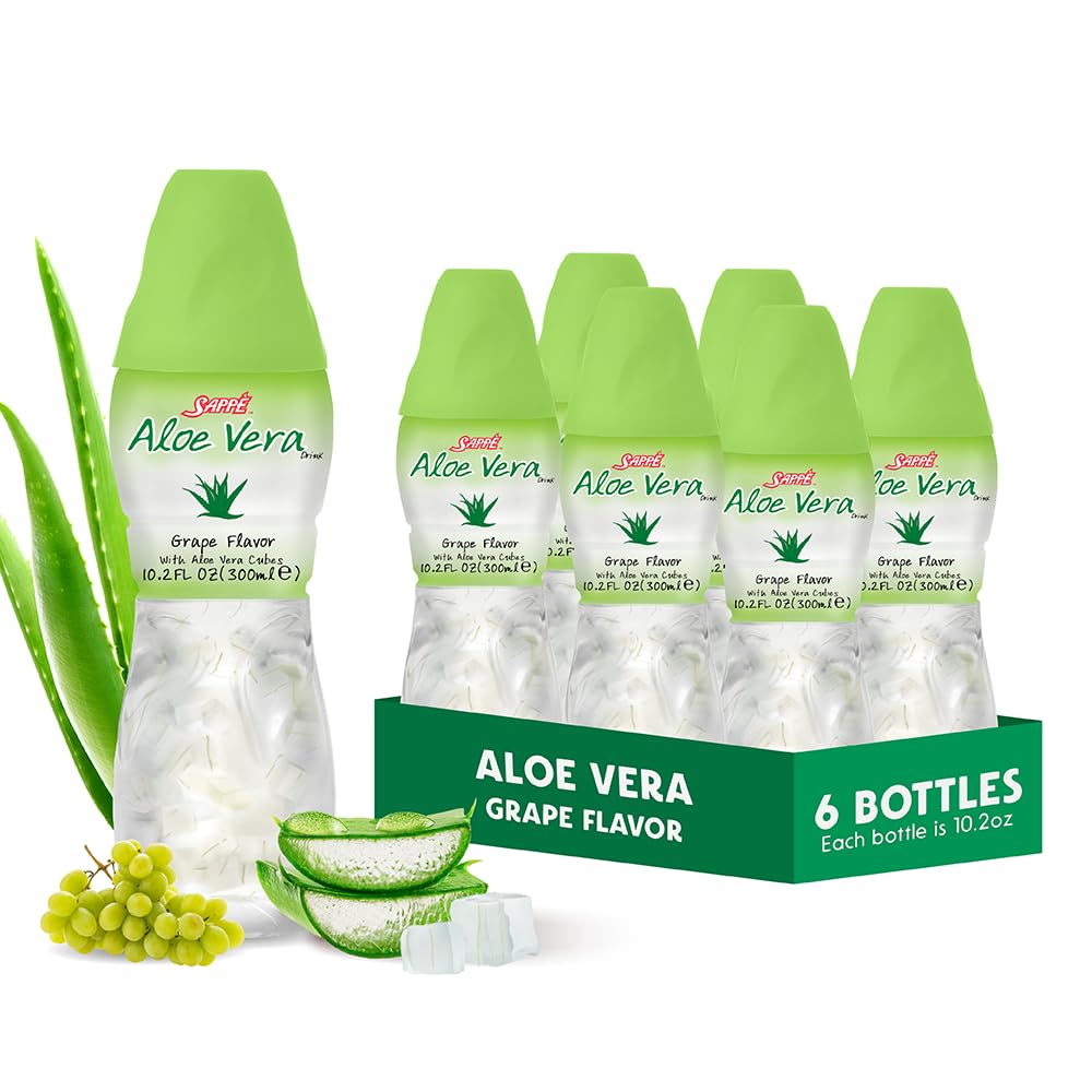 Aloe Vera Saft (Grape aromatisiert) mit größeren Stücken aus reinem Aloe-Pulver (6 Packungen) Pflanzensaft groß für die Hydratation und enthält große Aloe-Pulver. Es ist gesund für Erwachsene und Kinder