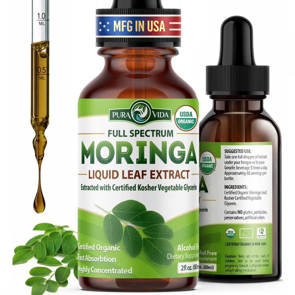PURA VIDA MORINGA Blatt Extrakt Flüssigkeit Tropfen - USDA Organisch zertifiziert - hoch gereinigt, Bioverfügbar und schneller Absorption als Moringa Pulver oder Kapseln - Single Origin Moringa Oleifera Blätter Extrakt