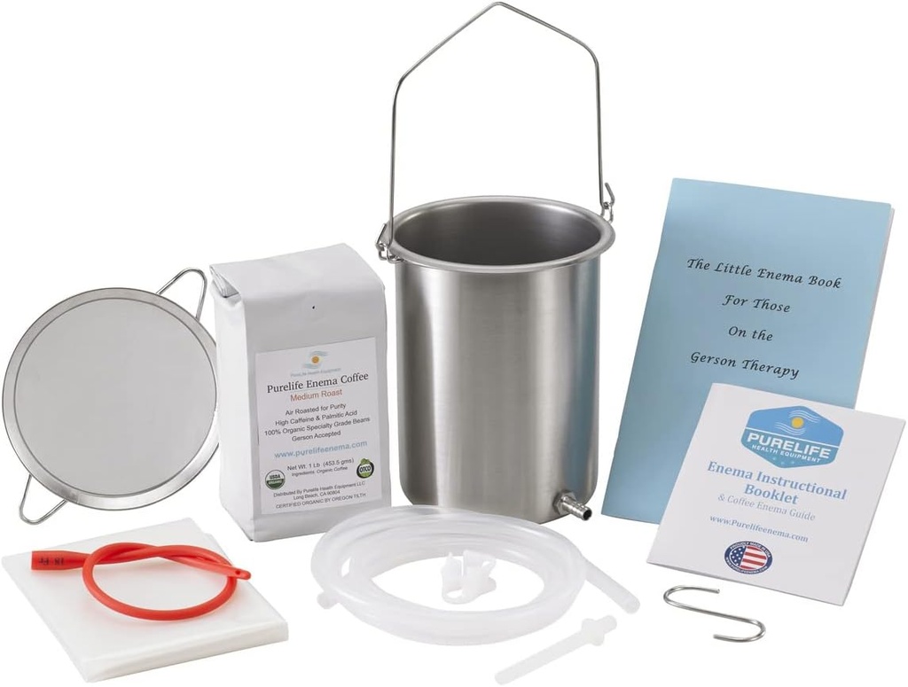 PureLife Coffee Enema Kit- Made in USA - All You Need Kit - 2 Qt USA Edelstahl Enema Enema Bucket - Lab Tested Organic Enema Coffee - Mold, Pilz, Mycotoxin Free - 1 Pfund - Kaffee Strainer
