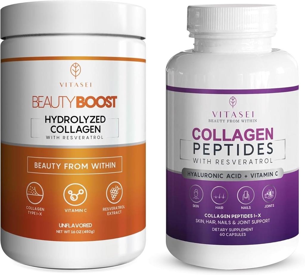 VITASEI Collagen Wellness Bundle – Hydrolysierte Collagen Peptide Powder & Collagen Peptide Kapseln mit Vitamin C & Resveratrol – Unterstützung für Haare, Haut, Nägel, Knochen, & Gelenke