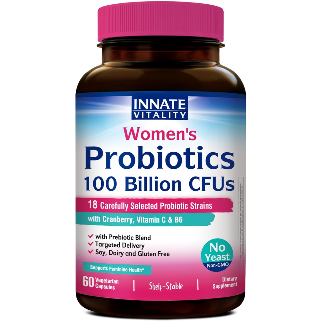 Innate Vitality Probiotics for Women, 100 Billion CFUs 18 Strains, Präbiotika und Probiotika, mit Cranberry, Vitamin C & B6 P5P, Vaginal & Digestive Health, Nicht gekühlt, 60 Caps