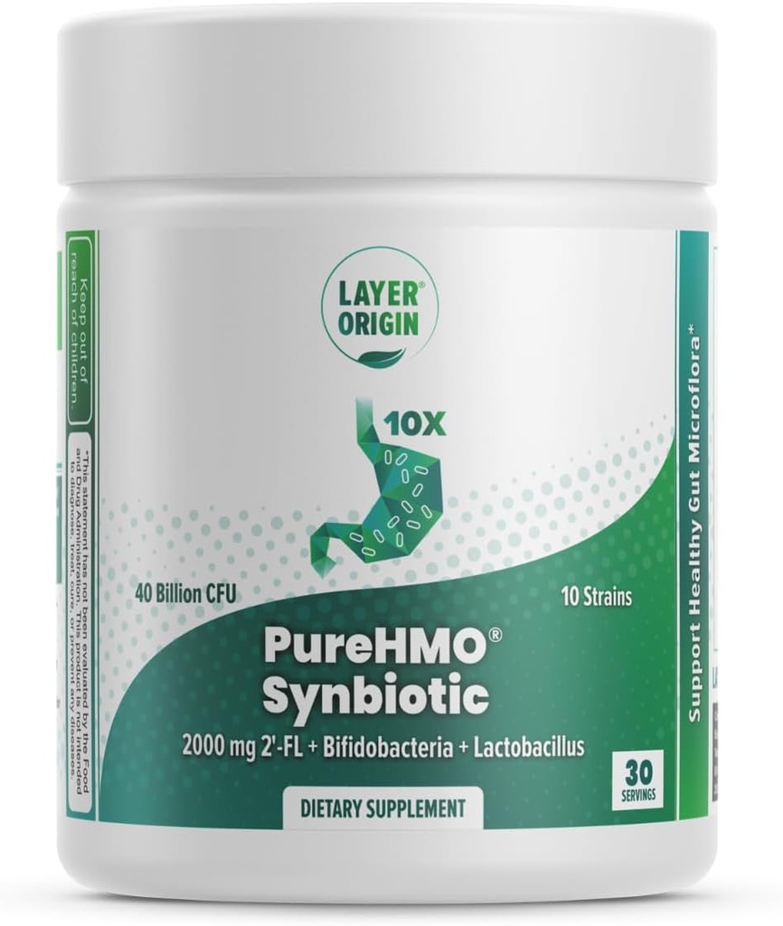 Layer Origin | PureHMO Synbiotic: Prebiotic + Probiotic, 2000 mg Human Milk Oligosaccharide Pulver, 10 Strains, 40 Billion Probiotic - Pulverform