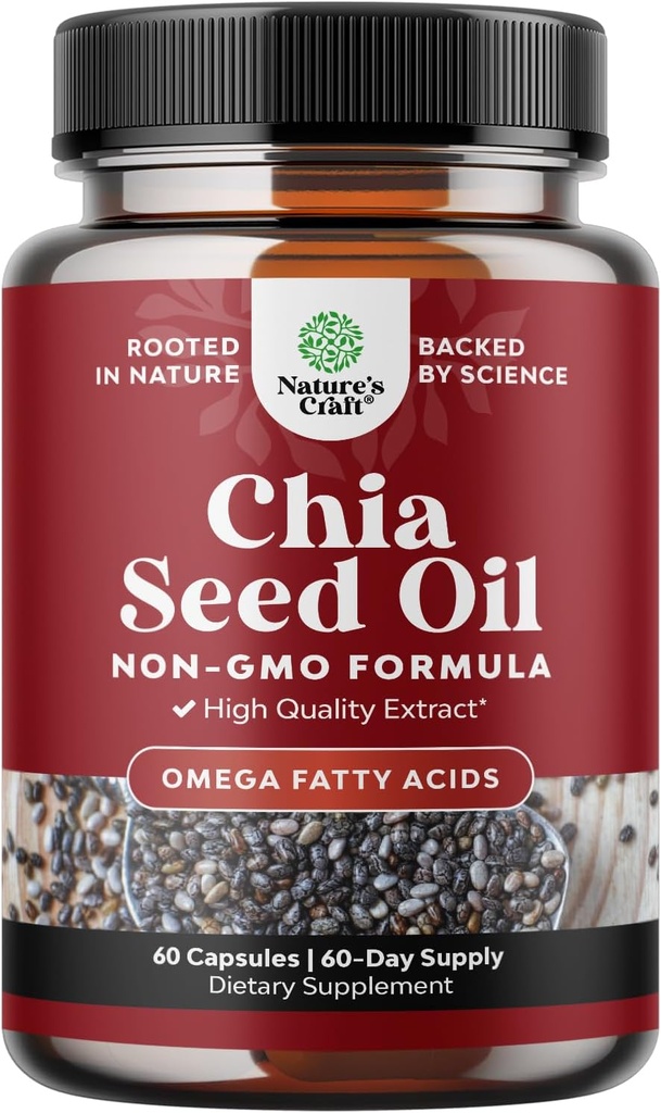 Chia Seed Oil Supplement für Gewichtsverlust und Energie Natürliche Superfood Protein Stoffwechsel Booster für Männer und Frauen - Tryptophan Antioxidans Vitamine Omega 3 Fettsäuren 60 Servierungen pro Container