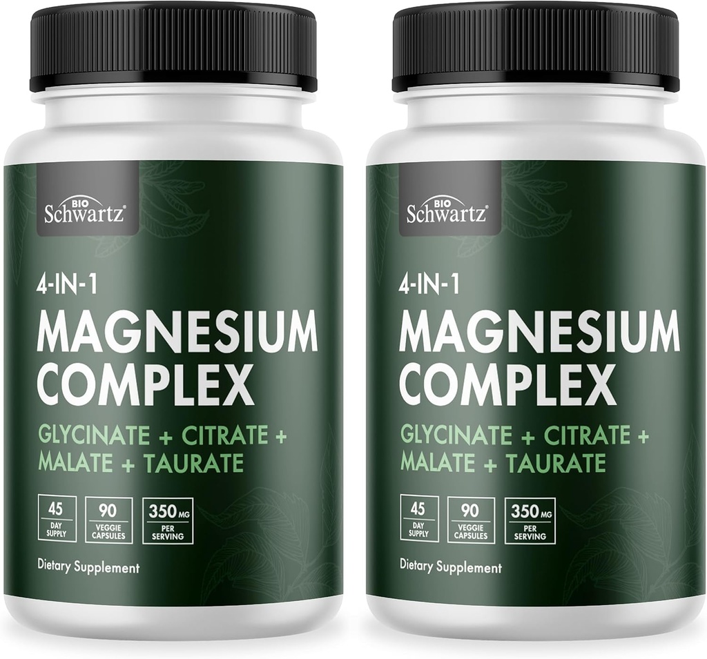 BioSchwartz Magnesium Complex Supplement (2 Pack) 350mg Magnesium Glycinat Citrat Malat und Taurat Pro Servieren für gesunde Nerven Muskeln Herz Schlafunterstützung (Vegan, Glutenfrei, Non-GMO)