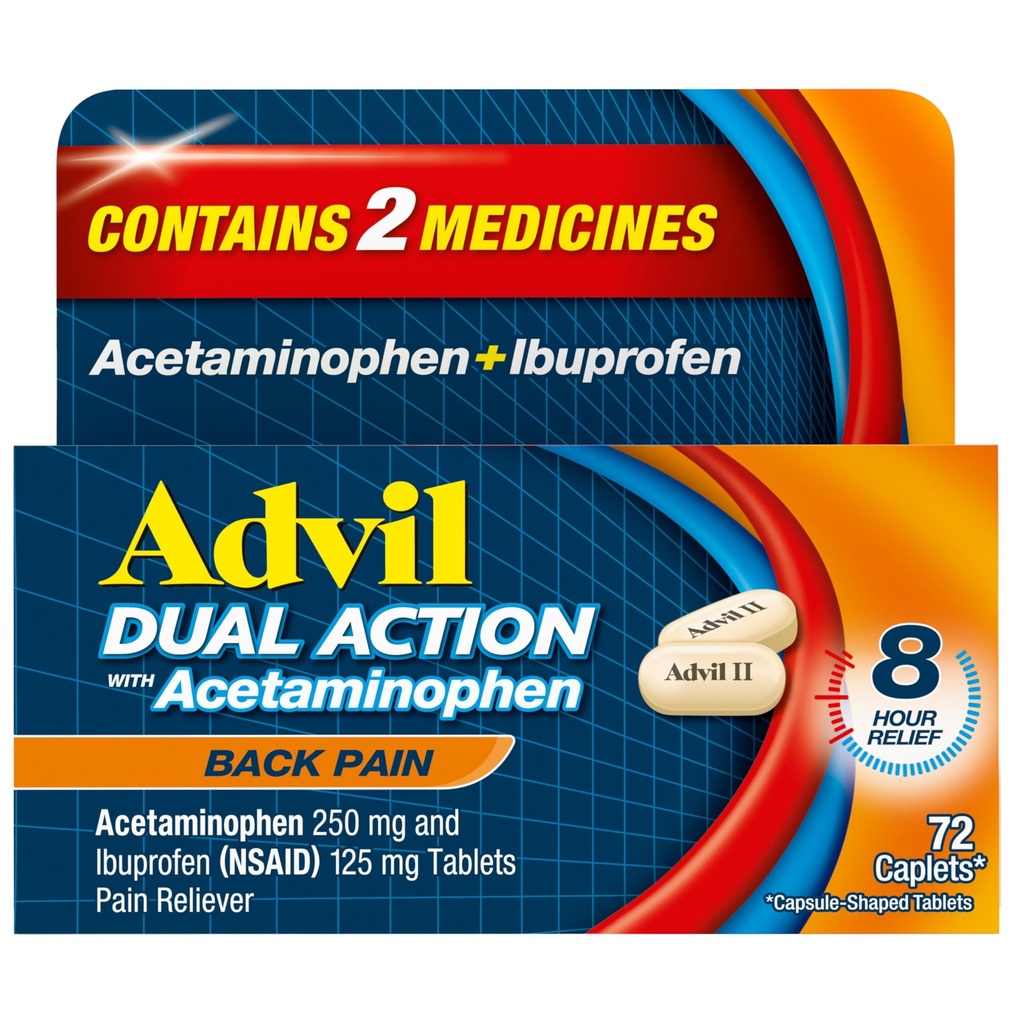 Advil Dual Action Back Pain Caplets Liefert 250mg Ibuprofen und 500mg Acetaminophen Per Dose für 8 Stunden Rückenschmerzen Relief - 72 Zähler
