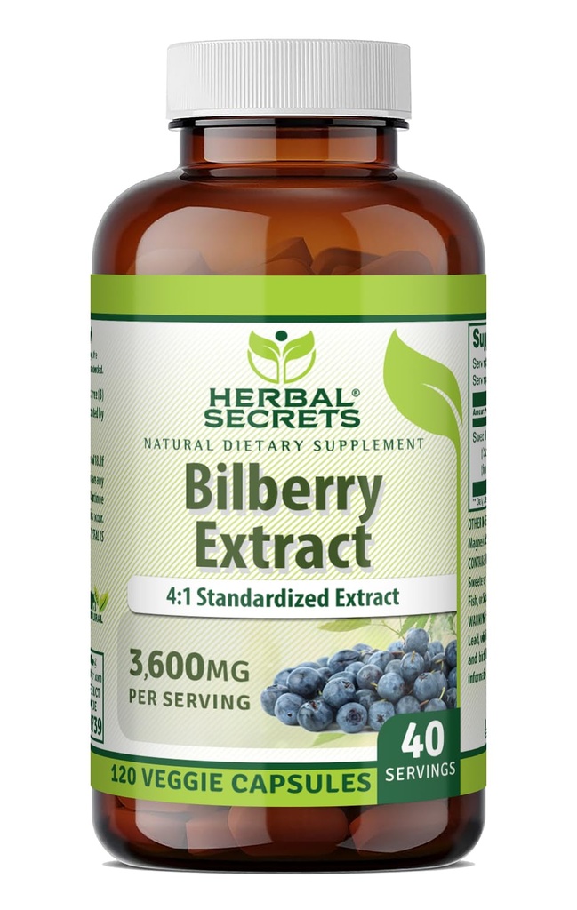 Herbal Secrets Bilberry Extract 300 Mg | 4:1 Extrakt (3600 mg Äquivalent) | Veggie Kapseln | Non-GMO | Glutenfrei | Made in USA (120 Count)