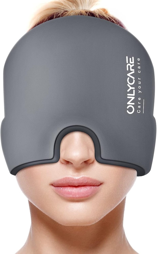 ONLYCARE Migräne Relief Cap, beruhigende Migräne Maske, Upgraded Odorless Gel Ice Head Wrap, Heiße und kalte Therapie, FSA oder HSA Eligible Headache Ice Pack für Spannung und Stress (grau)