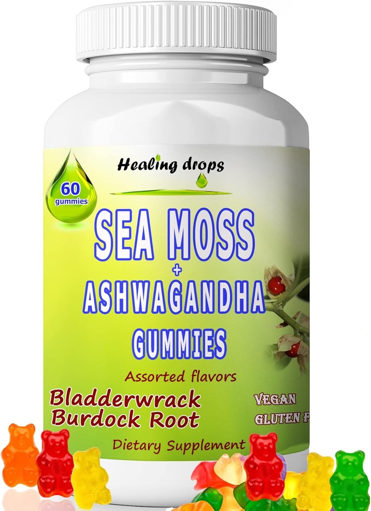 Sea Moss Gummies Ashwagandha mit Bladderwrack Burdock Root, Alkaline Keto Vegan Non-GMO Diät, Dairy und Gluten Free – durch Heilung von Tropfen