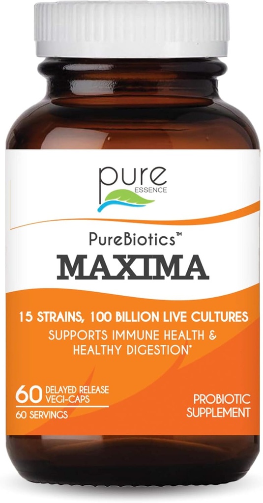 PURE ESSENCE LABS Maxima Probiotics 100 Billion CFU - Männer und Frauen Probiotische Ergänzung für bessere Verdauung - 15 Strains für Immununterstützung und Verdauungsgesundheit (60 Kapseln)