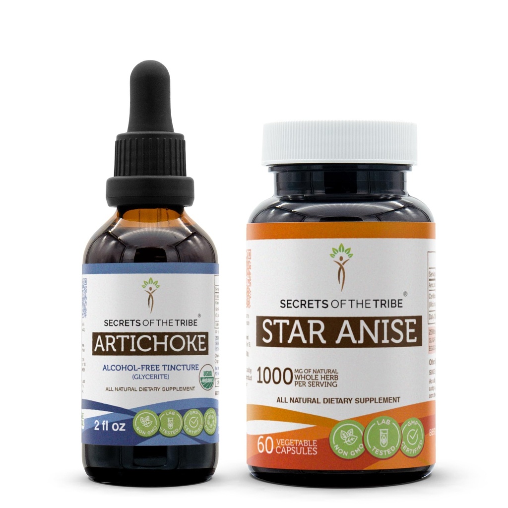 Artichoke USDA Organic and Star Anise Capsules (2 St.) | Alkoholfreie organische Artichoke (Cynara scolymus) Getrocknete Blatt 2 Unzen und 1000 mg Star Anise (Illicium verum) Getrocknete Seed (60 Kapseln)