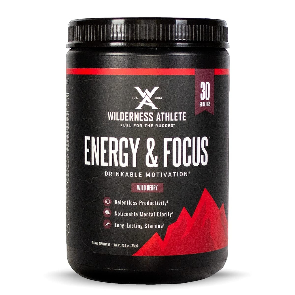 Wilderness Athlete - Energy & Focus | Energy Pre Workout für Damen und Herren - Energy Powder Drink Mix mit natürlichem Koffein - Low-Carb, Zero Sugar Workout Powder - 30 Servierwanne (Wild Berry)
