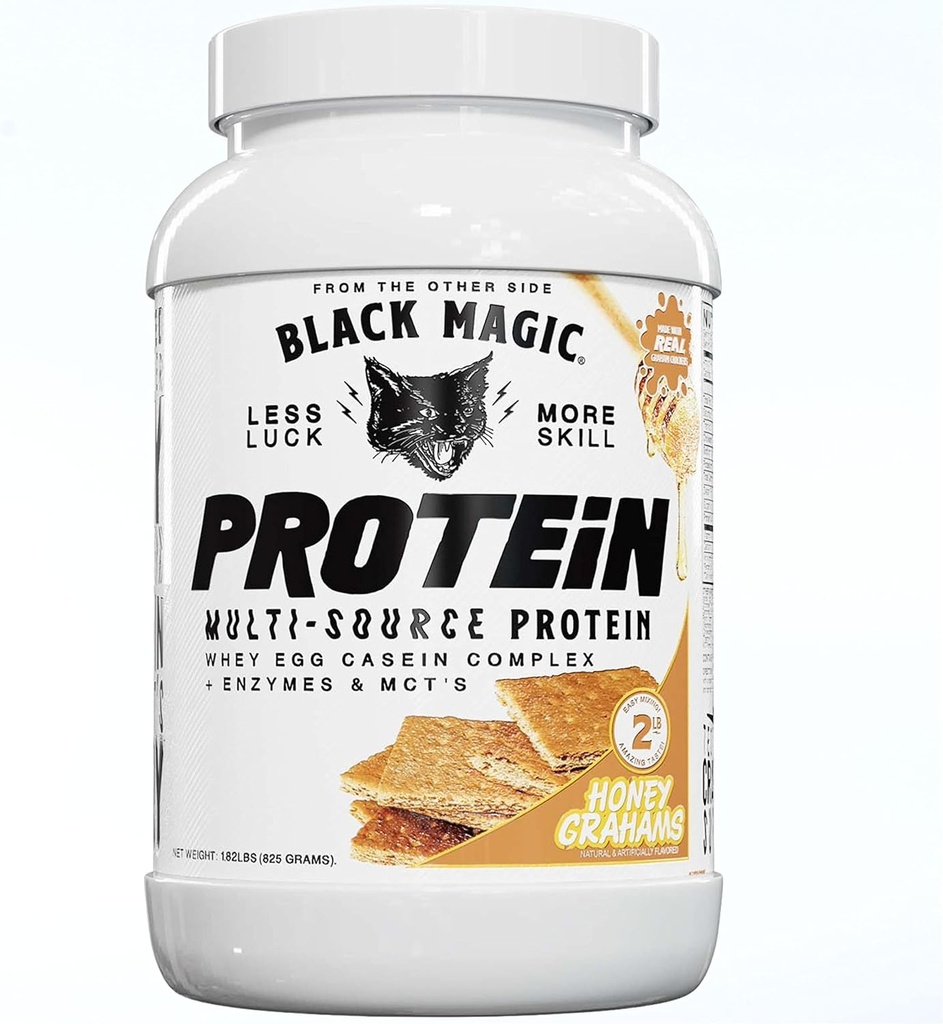 Black Magic Multi-Source Whey Protein Powder - Whey, Egg, Casein Complex mit Enzymes & MCT's Keto, Low Sugar Pre/Post Workout Honey Graham Crackers Flavor 24g 2 LB, Pack of 1