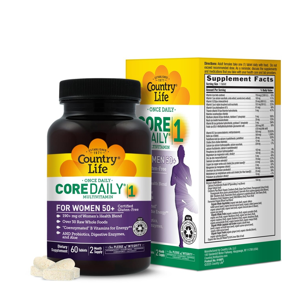 Country Life CORE Daily-1 für Frauen 50+ Multivitamin - Formuliert für Frauen über 50, Vollständige tägliche Ernährung mit Frauengesundheit Blend, Coenzymated B Vitamins, Probiotics und Verdauungsenzyme