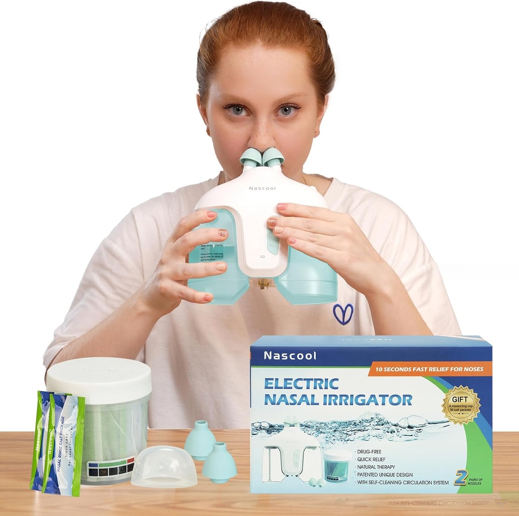 Elektrisches Nasal Bewässerungssystem, Nasal Rinse Maschine Nasenreiniger für Sinus Erwachsene, Nasenwaschanlage, Nasal Rinsing System mit 50 Saline Packets (Green)