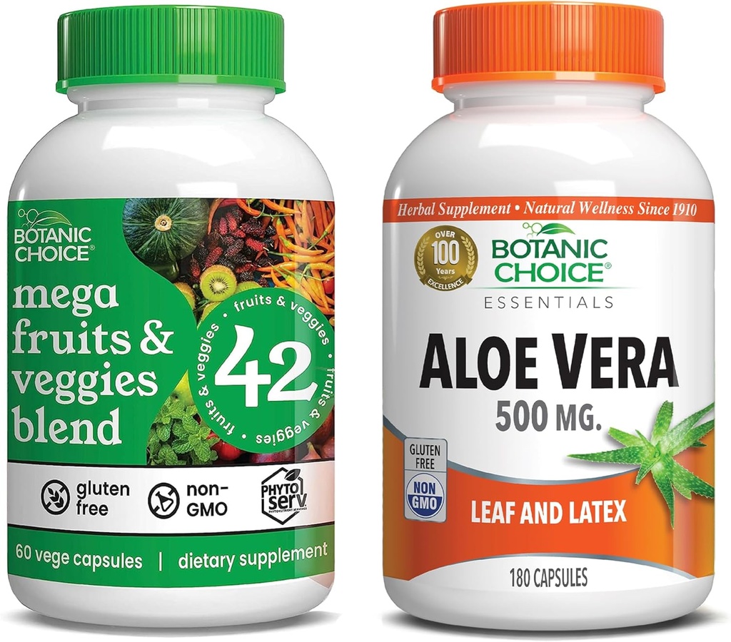 Botanische Wahl Mega Fruits and Veggies Blend (60 Kapseln) + Aloe Vera (180 Kapseln) Bundle - Energy Balance & Superfood Supplement + Verdauungshilfe
