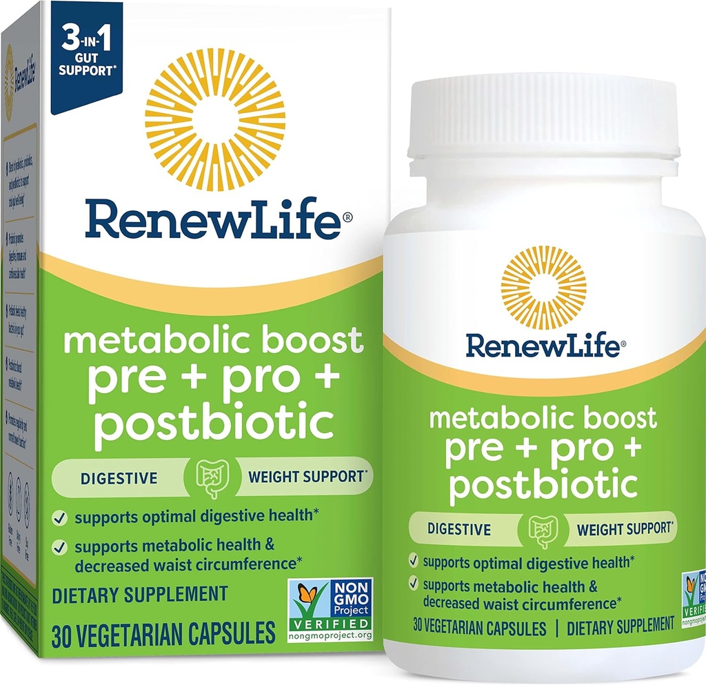 Renew Life Metabolic Boost Pre + Pro + Postbiotic; Präbiotika, Probiotika und Postbiotika unterstützen optimale Verdauungsgesundheit und Stoffwechsel; 30 vegetarische Kapseln*