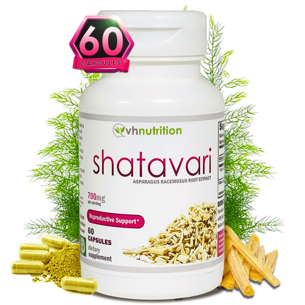 VH Nutrition SHATAVARI | 700mg Spargel Racemosus Extrakt | Weibliche Vitalität* & Verjüngung* | Natürliche Estrogen Balance* | Unterstützt Hormonelle Gesundheit und Gesamt Wohlbefinden | 60 Kapseln