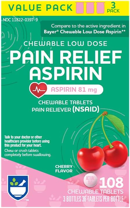 Rite Aid Adult Low Dose Aspirin 81 mg, Chewable Tablets Schmerzlinderung, Kirsche Flavor, 3 Flaschen, 36 Count Jeder (108 Count Total) | Kaubare Aspirin Regimen | Kopfschmerzen Relief | Aspirin 81mg für Erwachsene