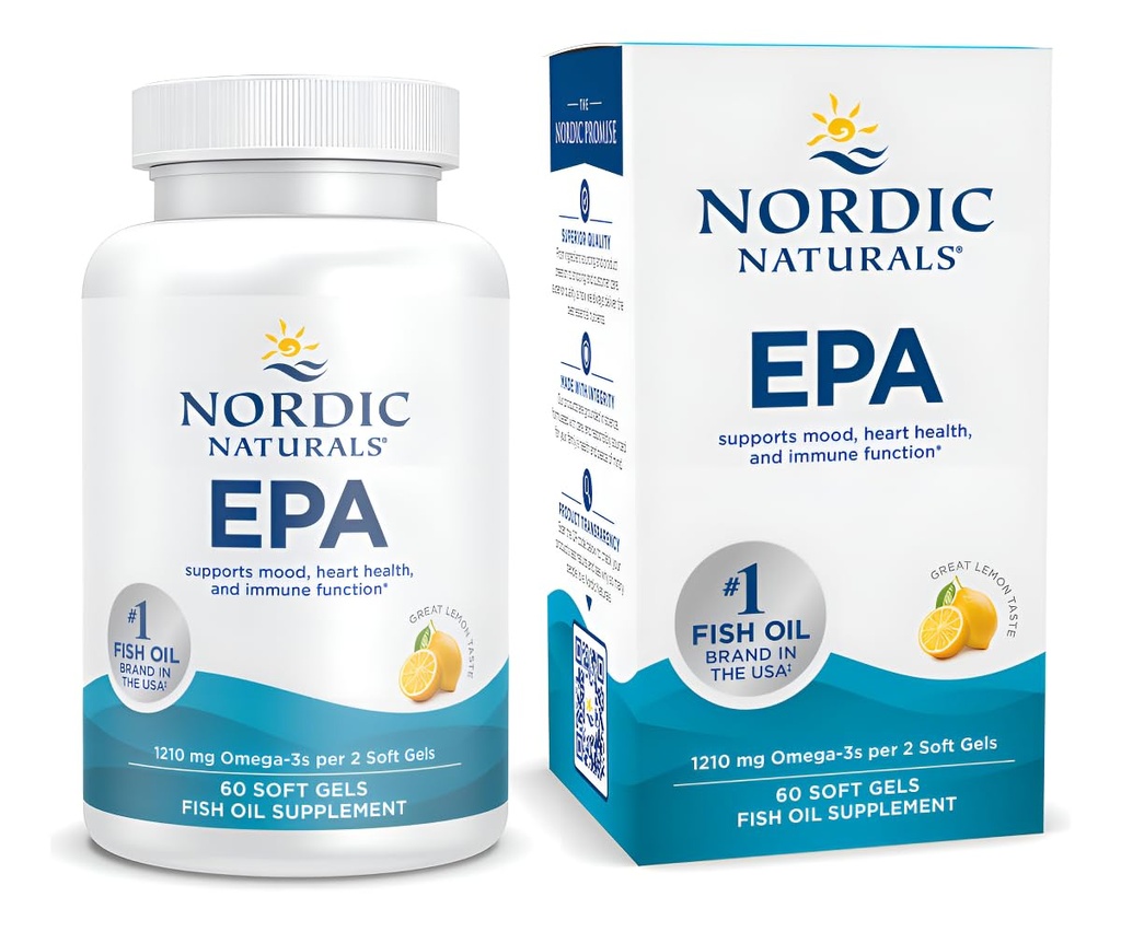 Nordic Naturals EPA, Lemon - 60 Soft Gels - 1210 mg Omega-3 - High-Intensity EPA-Formel für positive Stimmung, Herzgesundheit & Gesunde Immunität - 30 Portionen