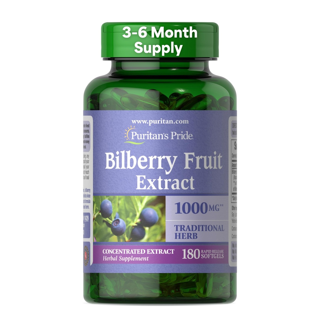 Puritan's Pride Premium Bilberry Fruit Extract 250 mg (1000mg gleichwertig), 4:1 Konzentrierte Kräuterergänzung, Vitamin C, 3 bis 6 Monate Versorgung, 180 Rapid Release Softgels (Packaging May Vary)