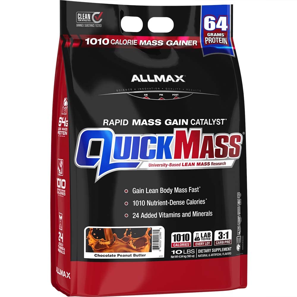 ALLMAX QUICKMASS, Cookies & Cream - 10 lb - Rapid Maß Gain Catalyst - Bis zu 64 Gramm Protein pro Servierung - 3:1 Carb to Protein Ratio - Zero Trans Fat - Bis zu 70 Portionen