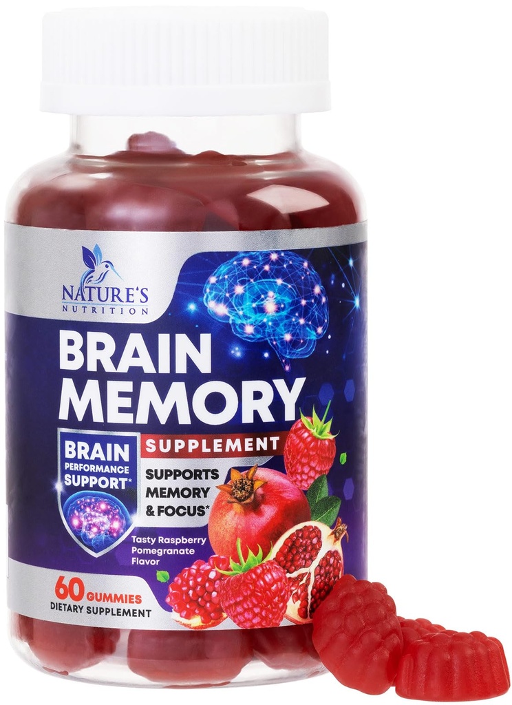 Brain Supplements für Memory & Focus Gummies - Brain Health Clarity mit B6 B12 & Phosphatidylserin - Natural Nootropics Cognitive Concentration & Alertness Support Vitamine - 60 Vegan Gummies