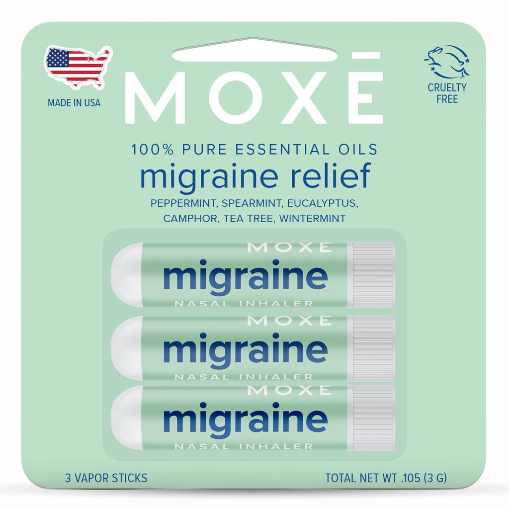 MOXE Migraine Relief Nasal Inhalatoren, Ätherische Öle für Kopfschmerzen und Zugentlastung, Tragbare Aromatherapie, einfach zu bedienen, rein & unbenutzt, Pfefferminz, Spearmint, Eucalyptus, Tea Tree, USA Made, 3 Pack