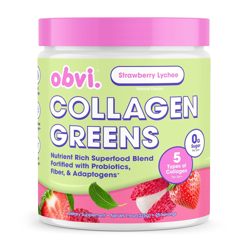 Obvi Collagen Greens | Organic Greens Superfood Powder mit Collagen Peptides | Probiotics for Gut Health, Haut, Haar, Nägel | Glutenfrei, Zero Sugar | Strawberry Lychee Flavor, 25 Portionen