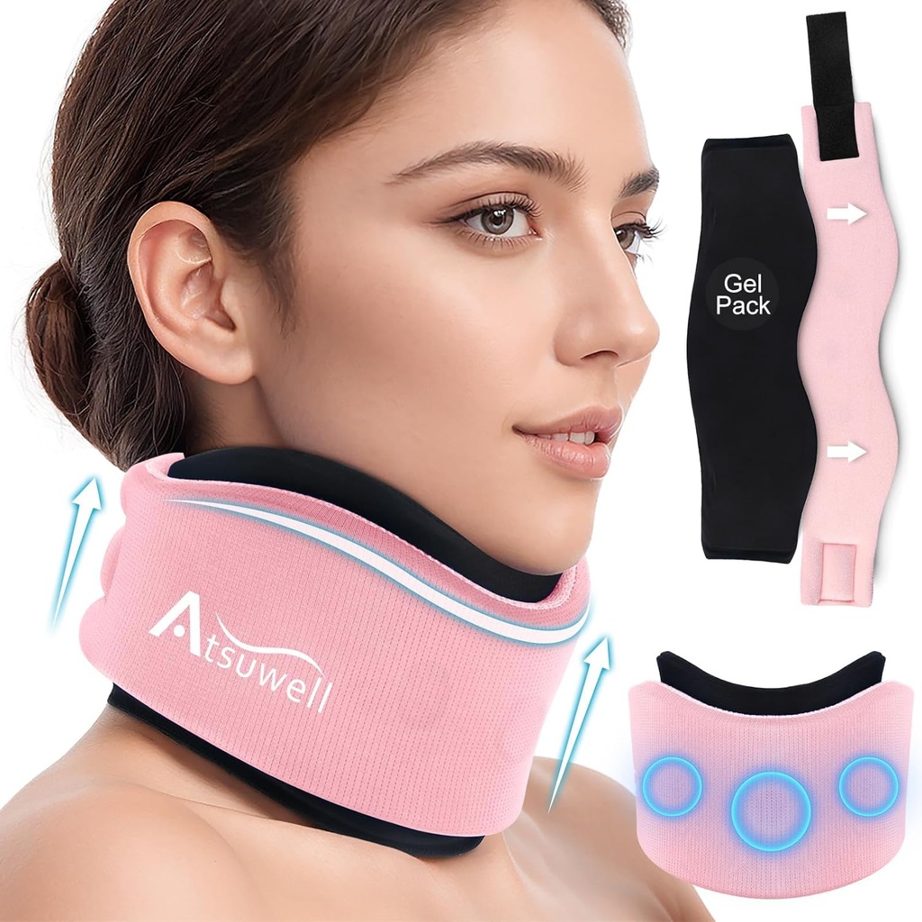 Atsuwell Soft Neck Brace Cervical Collar, Verstellbare Halsstütze mit abnehmbarem Gel-Pack, wiederverwendbarer Ice Wrap für korrekte Haltung, Schlafen, Pink