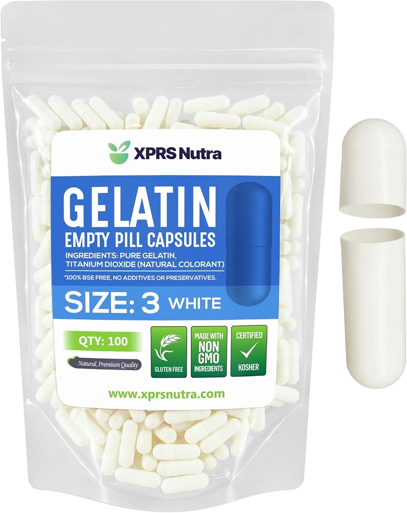 XPRS Nutra Größe 3 Leere Kapseln - 100 Count Leere Gelatine Kapseln - Pillen DIY Kapsel Füllung - Pure Bovine Pille Gel Caps Fillable Do-It-Yourself Vitamine und Ergänzungen (Weiß)