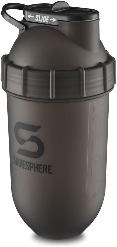 SHAKESPHERE Shaker Bottle - 24oz Leak Proof Protein Shaker Bottle für Pre Workout, Smoothie und Pulver Getränke Mixer, No-Blade Mixer für Gym, BPA-frei, einfach sauber & einfach zu transportieren (Frosted Black)