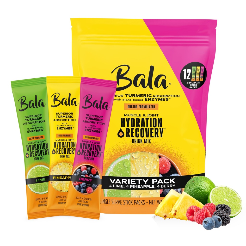 Bala Enzyme Hydration & Sugar-Free Drink Mix - Turmeric, Bromelain, Papain - Immunität, Mobilität - Variety Pack 0.25oz (12 Count)