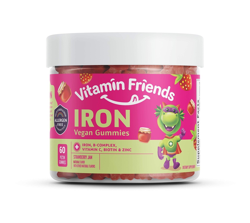 Vitamin Friends - Vegan Multivitamin & Eisen für Kinder - Daily Nutritional Support Gummis w/Ferrous Fumarate B-Complex, Vitamin C, Zink, Biotin - Body Function & Anemia - Erdbeere Jam(60 Day Supply)