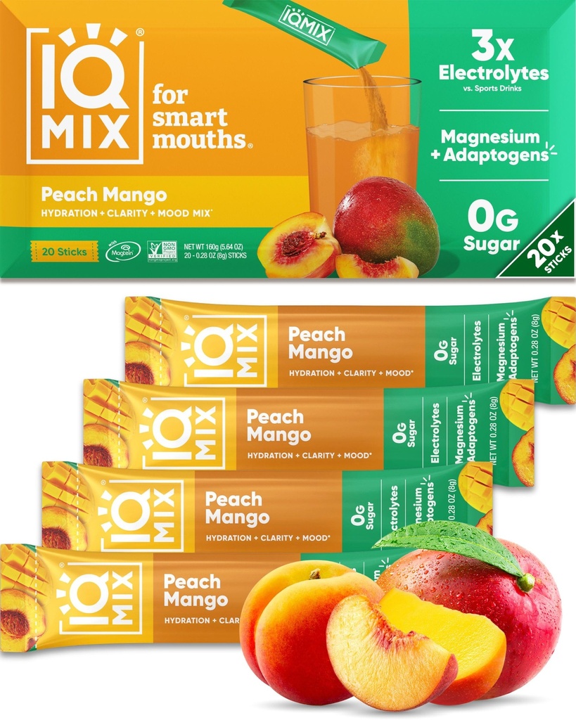 IQMIX Hydration Elektrolyt Pulver – 4-in-1 Formel für Hydration, Psychische Klarheit, Stimmung und Erholung – Zuckerfreie Getränkemischung, Keto, Magnesium L-Threonate, Lion’s Mane – 20 Count Peach Mango