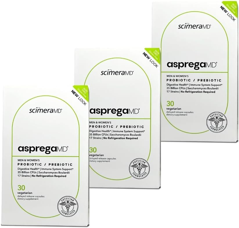 Asprega 30CT - Probiotic + Prebiotic Supplement | 17 Strains, 35 Billion CFUs | Delayed Release | Saccharomyces Boulardii | für Männer & Frauen | von ScimeraMD, 3-Pack