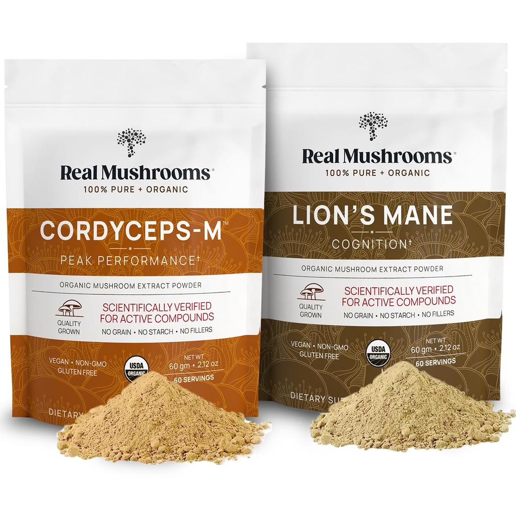 Lions Mane (60g) und Cordyceps (60g) Pilzextrakt Pulver Bundle - Pilzergänzung für Kognition, Energie und Ausdauer