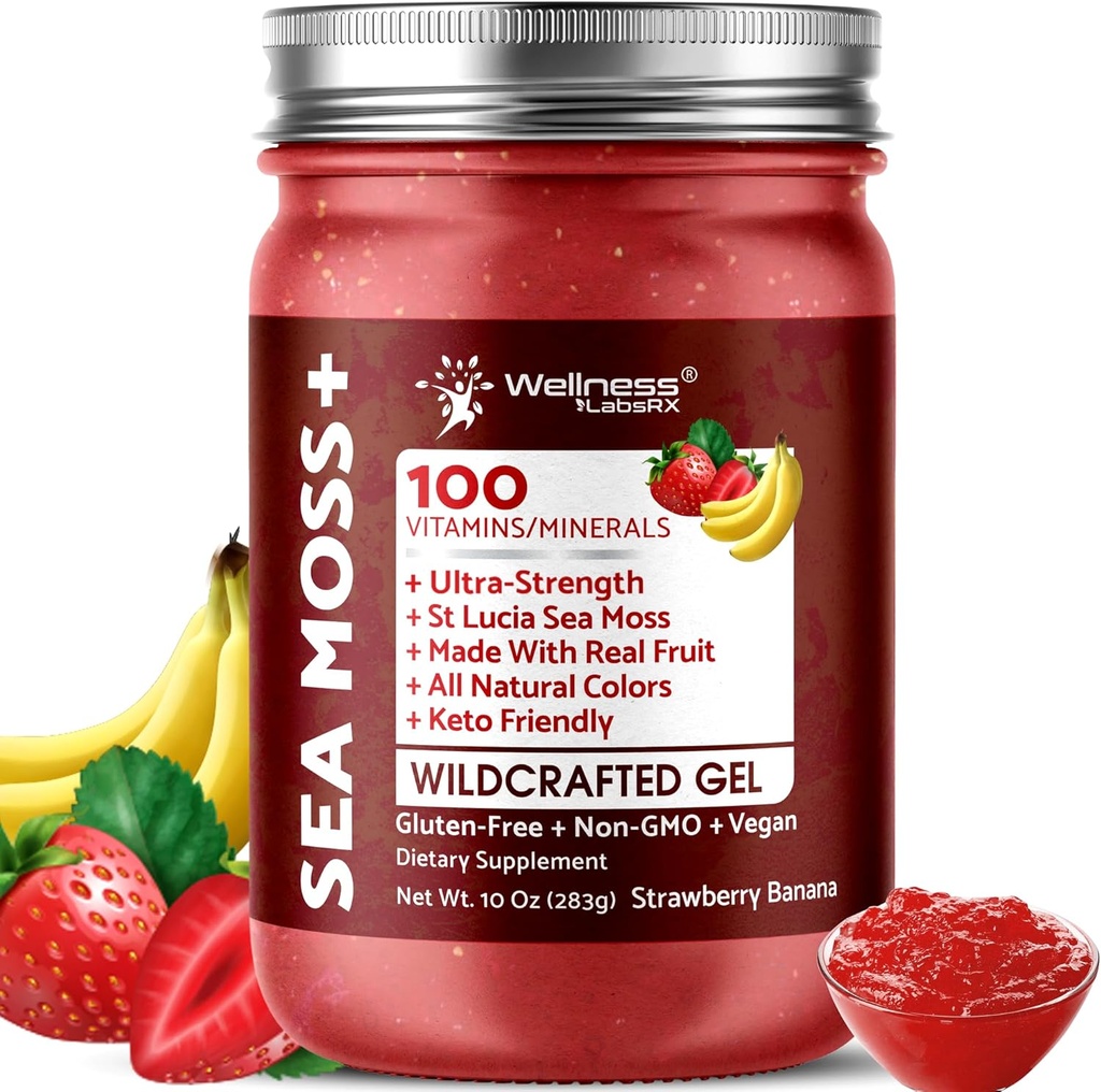 Irish Sea Moss Gel Raw - Wildcrafted Superfood Seamoss Gel - Strawberry Banana Flavor, Vitamin und Mineral-Rich aus Pristine Caribbean Waters, Immun- und Verdauungshilfe - 10 Unze.
