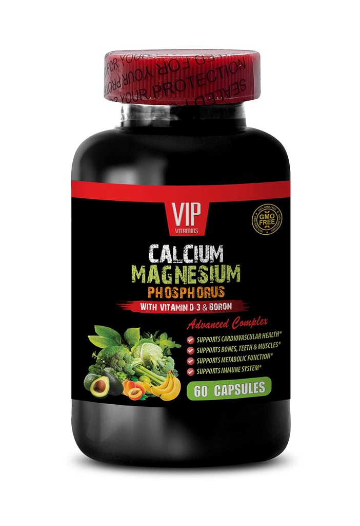 Calcium Magnesium Supplement - Calcium Magnesium Phosphor mit Vitamin D-3 & Bor - Gesunde Knochen Magnesium, Calcium für Frauen, Magnesium für Männer, Knochenstärke Beilagen, 1 Flasche 60 Kapseln